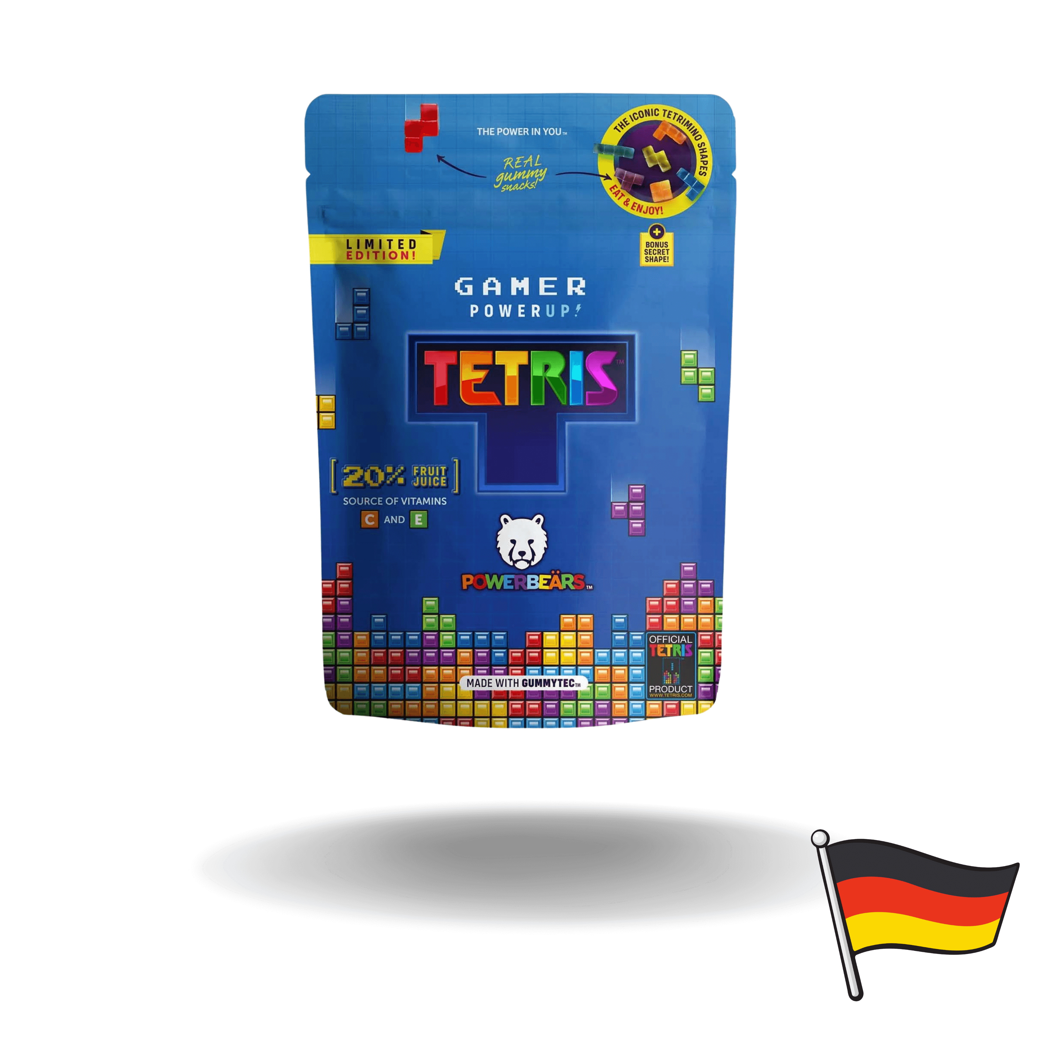 Diese köstlichen Fruchtgummi-Stücke sind in Form kleiner Tetris-Blöcke erhältlich und bieten eine Auswahl an Geschmacksrichtungen wie Maracuja, Kirsche, Orange, Brombeere, Himbeere, Pfirsich, Heidelbeere und Apfel.