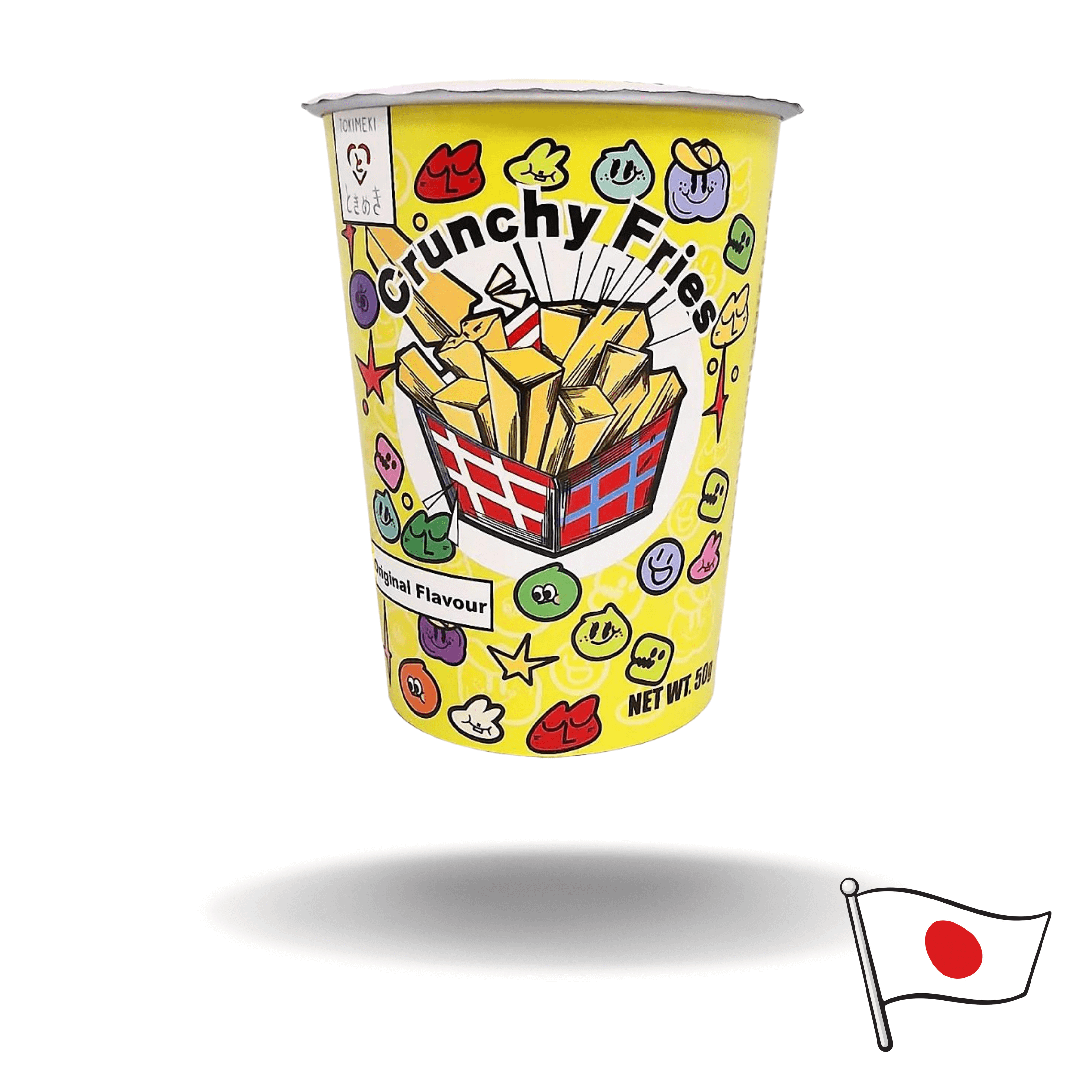 Die "Crunchy Fries Original Flavour 50g" sind dünn geschnittene Kartoffelstäbchen, die zu knusprigen Pommes-Chips verarbeitet wurden