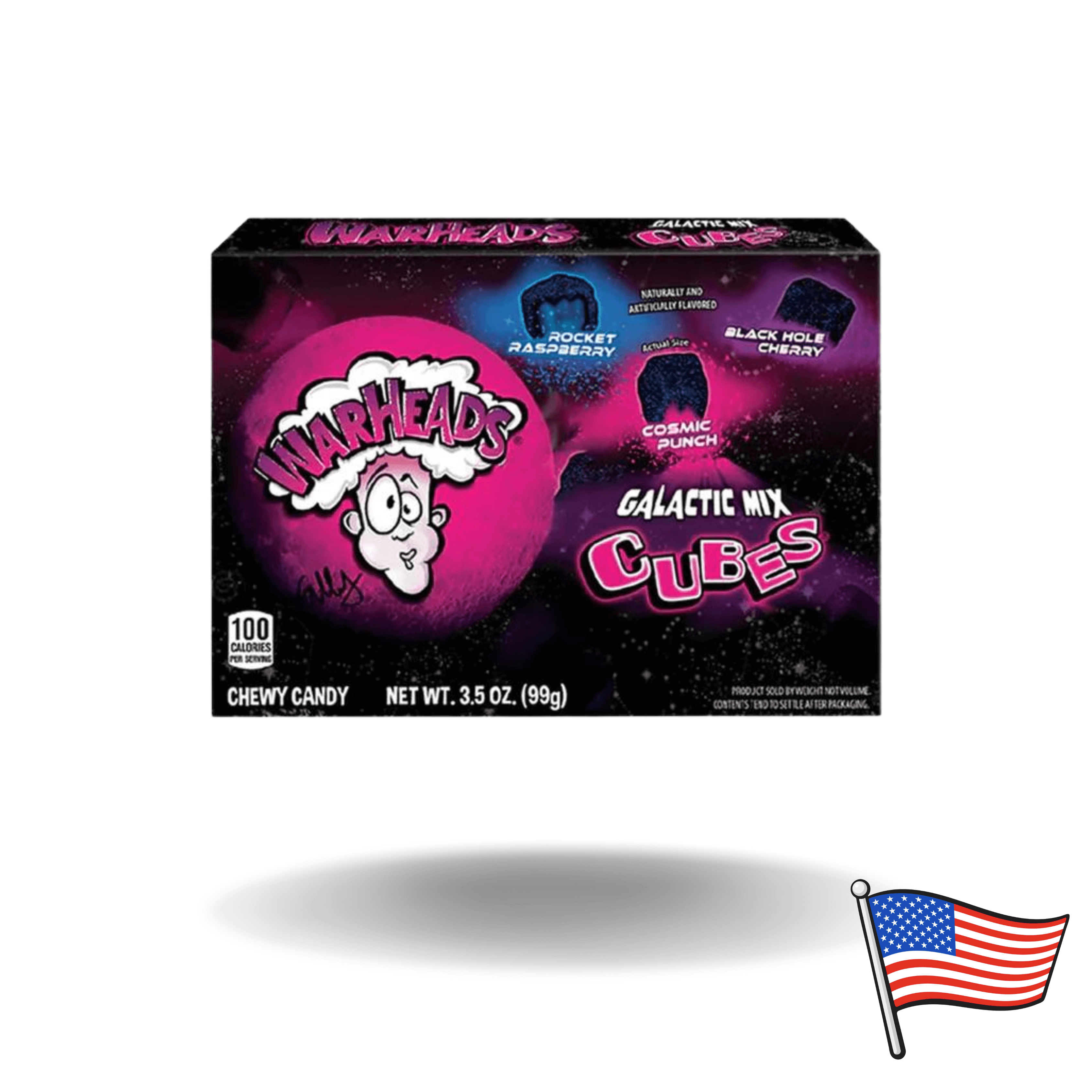 Warheads Galactic Mix Cubes! Hierbei handelt es sich um Sauer gezuckerte Kaubonbons mit Fruchtgeschmack.