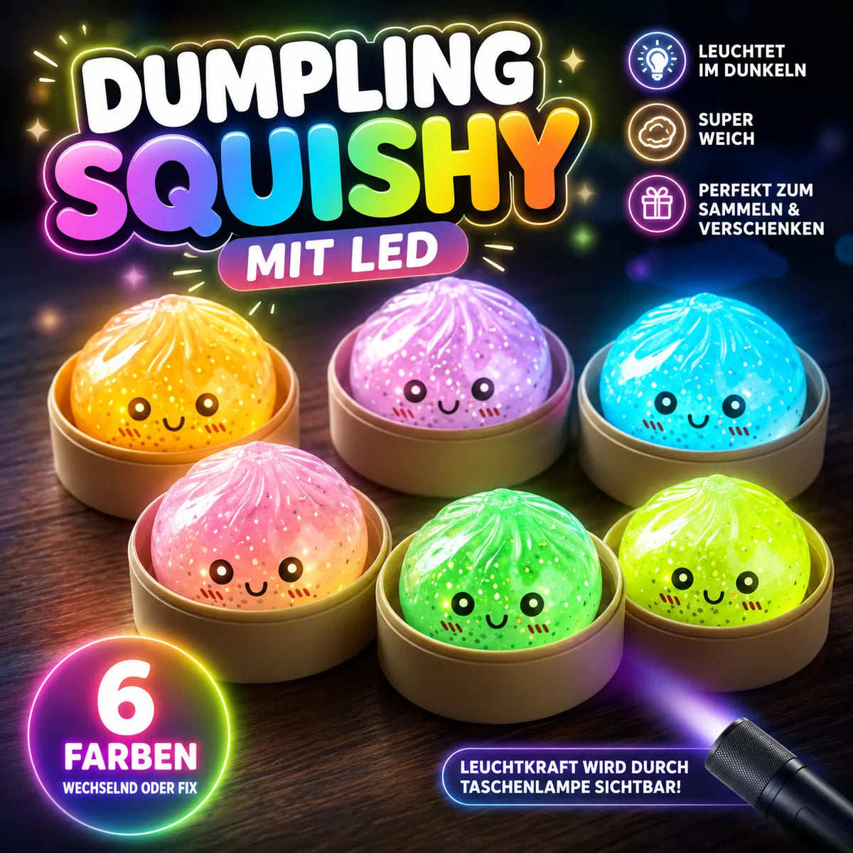 Dumpling Squishy mit LED – Leuchtet im Dunkeln