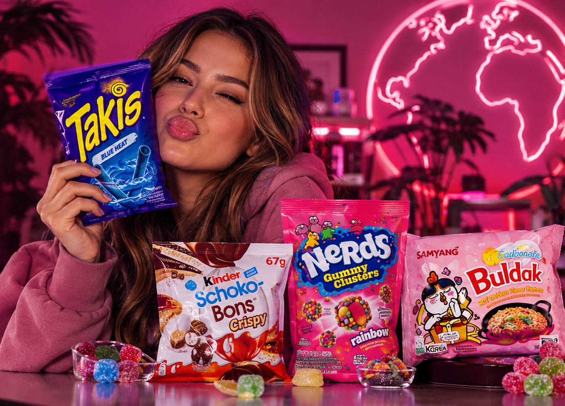 Frau hält eine Packung Takis, davor Kinder Schoko-Bons, Nerds und Buldak Nudeln – Süßigkeiten und Snacks aus aller Welt